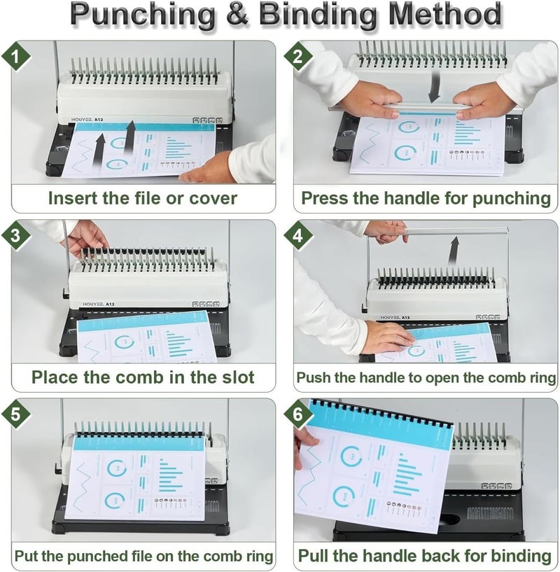 HOUYEE Store Binding Machine, 19 Holes, 450 Sheets, Comb Binding Machines with 50 PCS 1/2" Comb Binding Spines, Comb Binder Machine for Letter Size Paper，Adjustable Margin - Image 4
